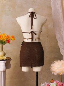 Bellisia 2 件套女士细肩带露背上衣和珍珠装饰迷你裙，休闲沙滩罩衫 - 棕色 - 查看 2