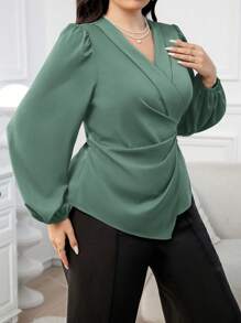 Modelyn Plus Size Women Solid Color Lantern Sleeve Ruched Asymmetric Hem Blouse - Green - View 4