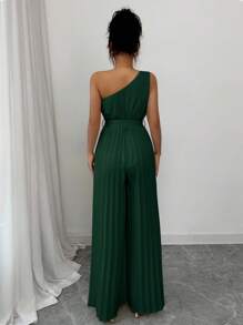 Elenzga Elegant Apricot Color One Shoulder Ruched Jumpsuit For Women, Christmas - Dark Green - View 2