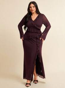 SHEIN BAE Plus Size Long Sleeve Burgundy Dress, Elegant Autumn Sweet Ruffle Mesh Dresses For Women, Wedding Guest Birthday Party Homecoming - Coffee Brown - View 5