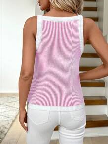 SHEIN LUNE Women's Pink And White Striped Sleeveless Knit Top: Casual Rib-Knit Tank Top With Round Neck And Regular Hem - Pink - View 4