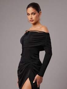 Silquee Women's Black Elegant Off-The-Shoulder Tops,Autumn Slim Fit Glitter Knitted Pleated Front Strap Long Sleeve Shirt For Night Out,Party,Date Night Wear - Black - View 6