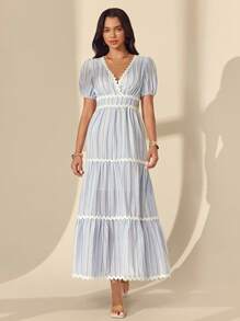 Almamuse Robe élégante femme à encolure cache-cœur, manches bouffantes, blocs de couleurs, avec ceinture à nouer, style vacances d'été