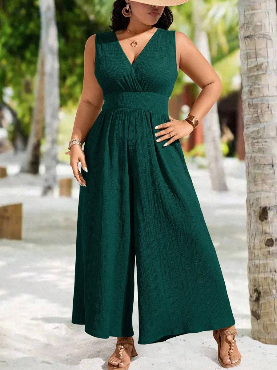 SHEIN Clasi 加大码 V 领纹理无袖束腰阔腿连体裤，适合度假和外出休闲