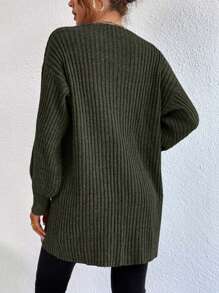 EURMUSE Casual Solid Color Drop Shoulder Loose Cardigan - Army Green - View 2