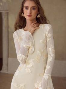 MOTF PREMIUM WOMEN ELASTIC MESH EMBROIDERED SHORT DRESS - Apricot - View 1