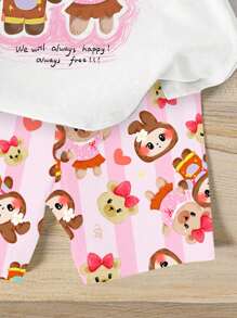 SHEIN Bộ 2 áo thun cổ tròn tay ngắn in hình hoạt hình bạn thân cho bé gái và quần short co giãn dệt kim in họa tiết dễ thương - Nhiều màu - Xem 6