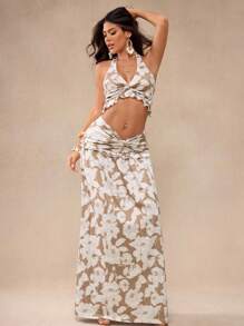 Glamance Whitebread Women Maxi Skirt With Twist Design Allover Floral Print Suitable For Summer Casual Vacation Beach Travel Party Country Concert Western Wear Clubs Sexy Going Outs Streetwear Grunge Punk Y2K 2000s Back To School Club Sexy - Khaki - View 4