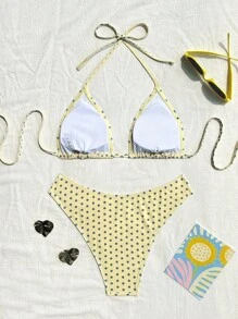 Swim Mod 2026 Spring/Summer Women's Spaghetti Strap Halter Neck Yellow Base Gray Polka Dot Random Print Sweet Cute Side High Cut Swim Shorts 2-Piece Bikini Swimsuit - Multicolor - View 4