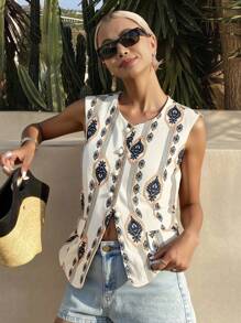 DAZY Áo khoác cardigan/áo vest nữ mùa hè dáng rộng, thoải mái, chất liệu vải lanh, họa tiết hình học, hoa văn, kiểu bohemian, thêu toàn bộ họa tiết, thích hợp cho kỳ nghỉ. - Màu be - Xem 2