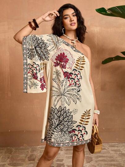 Travachic Plus Size Women's Casual Asymmetrical Neck Mini Dress With Tropical Botanical Print, Suitable For Summer Holidays One Shoulder Dress Cold Shoulder Dress For Women Print Dresses For Women Boho Dress For Women