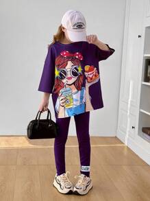 SHEIN Set 2 bucăți Tween Girl: tricou cu mânecă scurtă și pantaloni cu mânecă scurtă, cu imprimeu de portrete, cu decor largi - Violet - Vizualizare 1