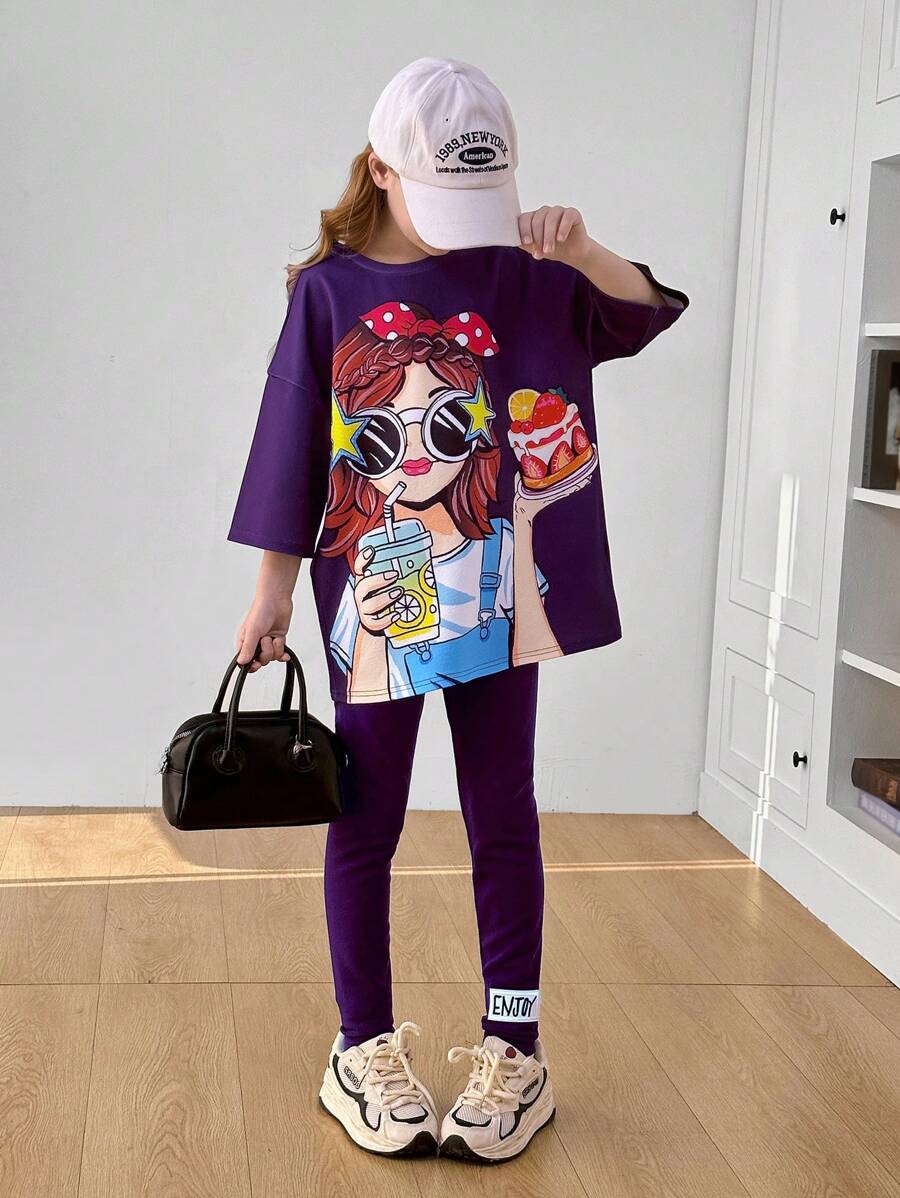SHEIN Set 2 bucăți Tween Girl: tricou cu mânecă scurtă și pantaloni cu mânecă scurtă, cu imprimeu de portrete, cu decor largi - Violet - Vizualizare 1