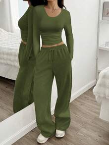 SHEIN EZwear 2 件套女士休闲军绿色褶皱圆领短款上衣和阔腿抽绳腰裤 - 軍綠色 - 查看 6