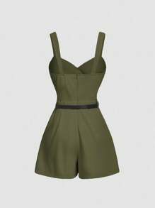 SHEIN MOD Macaquinho Casual Solto Feminino com Design Plissado Verde Oliva - Verde Militar - Visão 2
