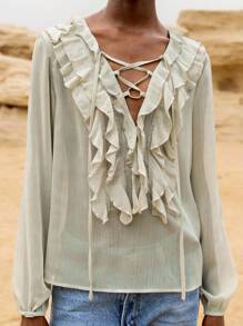 Lumivelle Women's Romantic Ruffle Chiffon Blouse, Suitable For Everyday Wear - Green - View 5