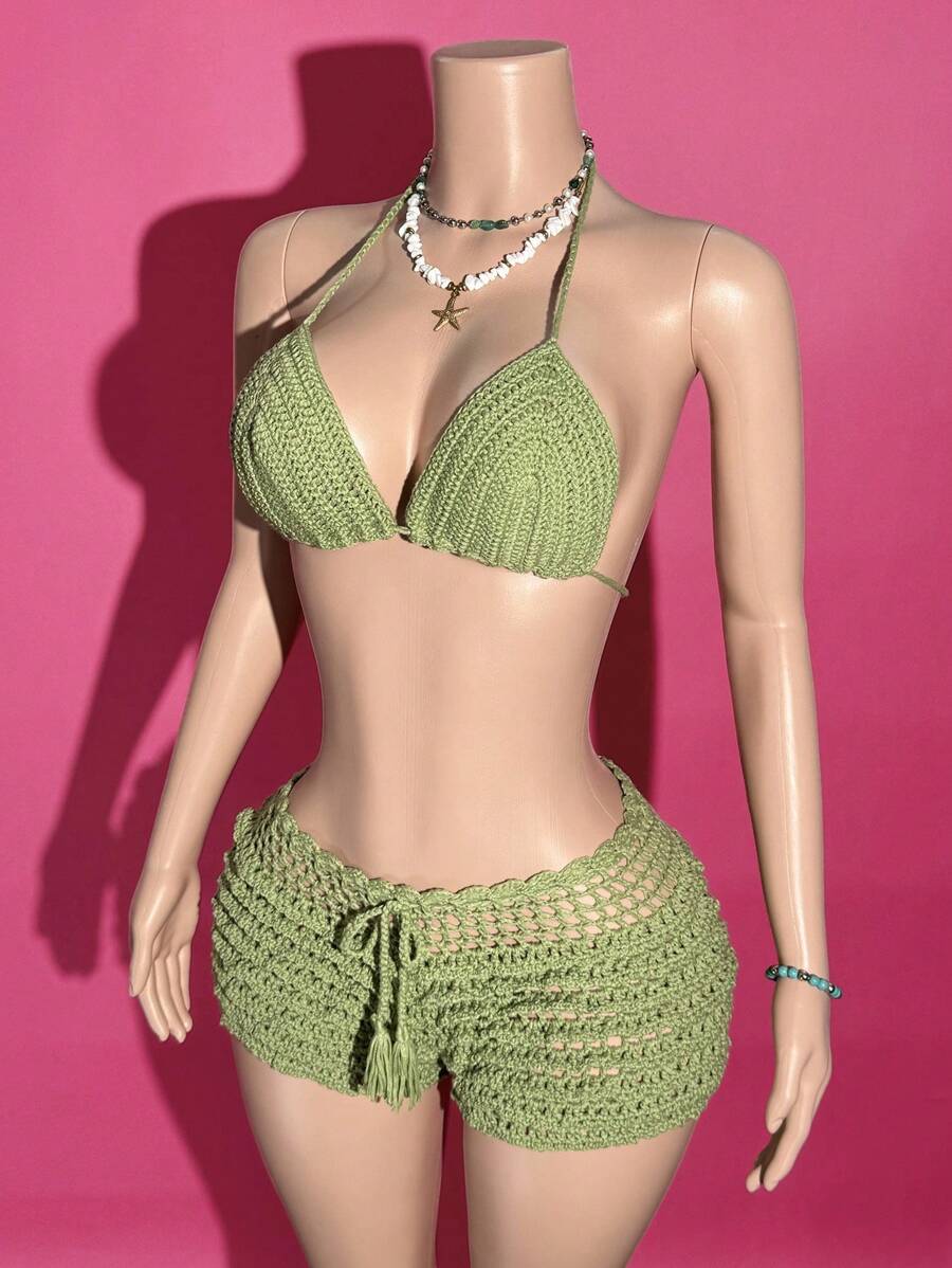 Slaydiva 2025春夏新款波西米亚音乐节乡村部落风浪漫度假沙滩针织钩针镂空露背背心&波浪荷叶边下摆迷你裙比基尼套装 - 綠色 - 查看 1