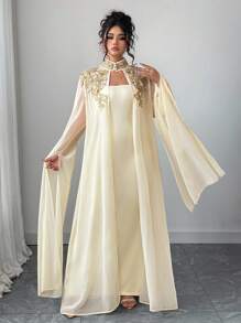 Cravure 大码女式两件套：花朵贴花装饰夹克和连衣裙，优雅