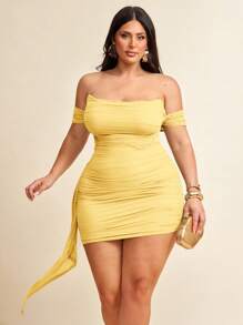 SHEIN BAE 大码女式黑色褶皱下摆荷叶边系带腰部网眼针织露肩弹力休闲迷你连衣裙，适合日常穿着、郊游、约会、下午茶、度假、春夏季、返校季，女士正装