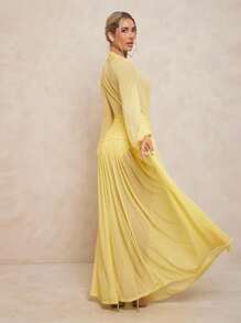 Lumalex 女式超长连衣裙，配有可拆卸紧身裤、V 领、泡泡袖、褶饰腰部、金属扣和超大裙摆 - 黃色 - 查看 2