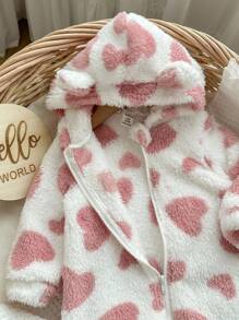 Pelele con capucha con estampado de corazón esponjoso para bebé recién nacida, otoño/invierno