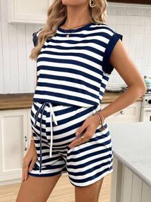 SHEIN Pregnant Women Summer Casual Striped Sleeveless Romper - Blue and White - View 3