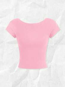 SHEIN MOD Sexy Casual Minimalist Light Pink Off Shoulder Short Sleeve Hollow Out Back Fitted Women T-Shirt Pullover, Suitable For Summer,Valentine Outfits - Baby Pink - View 2