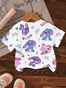 SHEIN Young Girl Casual Cute Cartoon Rabbit, Letter & Heart Print Short Sleeve Round Neck T-Shirt, Girl Toddler Summer Versatile T-Shirt - Multicolor - View 2