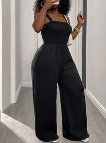 INAWLY 實色大尺碼背帶連體褲，有口袋，寬肩帶，無袖，適用於夏季 - 黑色 - 查看 1