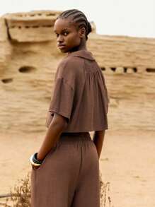 Lumivelle Women's Summer Casual Plain Color Drop Shoulder Loose Short Cropped Shirt