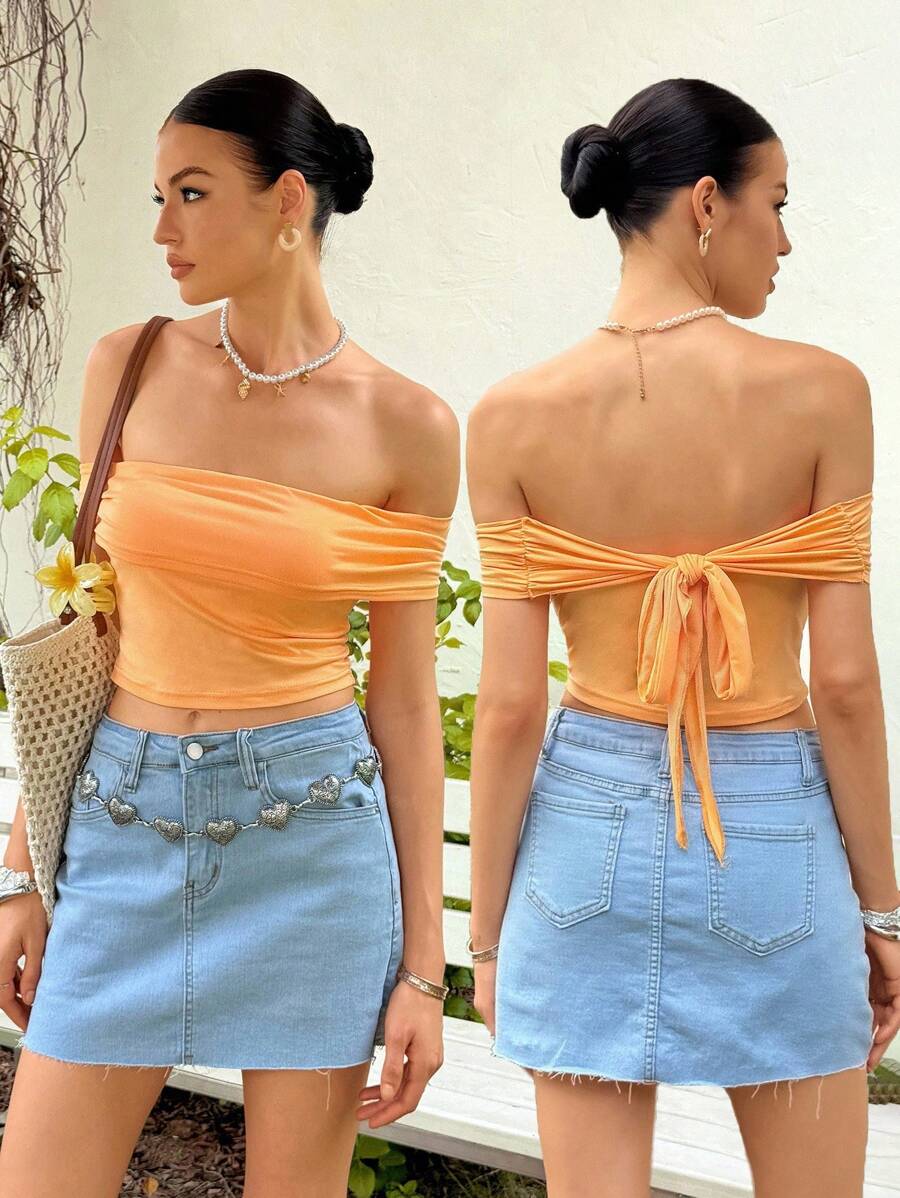 SHEIN ChicEase 1 قطعة توب قصير للنساء بأكتاف مكشوفة وربطة عقدة، توب صيفي - لون برتقالي - مشاهدة 1