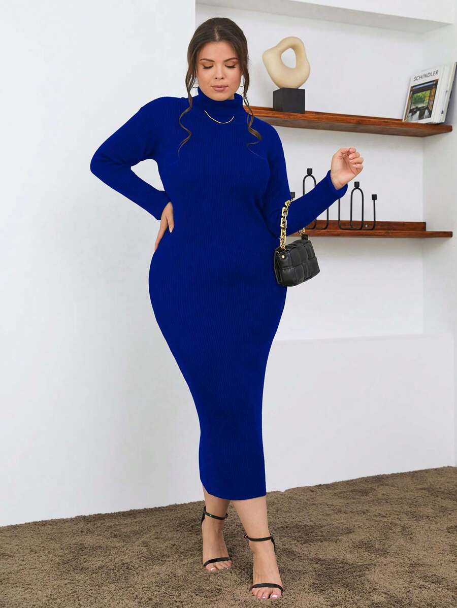 SHEIN Cottnline فستان كنزة صوفية بياقة عالية محبوكة مضلعة من القطن 100% بنفسجي رسمي للحفلات كاجوال خريفي سماوي - الأزرق - مشاهدة 1