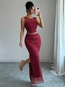 Rafferiza 女式优雅波尔卡圆点网眼印花褶饰下摆吊带背心上衣和裙子两件套