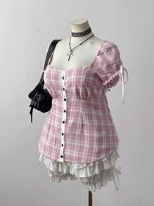 Flirla Fashionable Plaid Bustier Shirt With Plaid Fabric, Waist Gathered Puff Sleeves Vacation - Multicolor - View 4