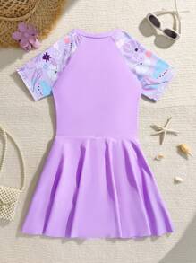 Tween 女童花卉印花拉链短袖裹身式连体泳衣