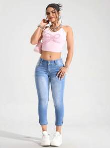 SHEIN Tall Jeans vita ampia, orlo aperto alla caviglia, vita bassa, lunghezza 7/8 - Lavaggio chiaro - Visualizzare 4