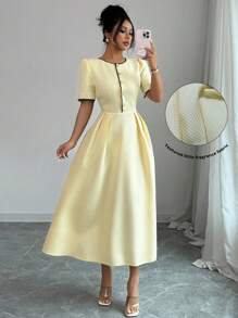 Rafferiza 优雅日常圆领短袖泡泡袖丝带撞色腰部分层中长雪纺纹理面料连衣裙，女款春夏 - 淡黃色 - 查看 3