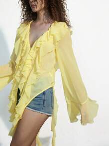 GENKIRA 法式欧式V领透视荷叶边长袖衬衫，浪漫青春气息 - 黃色 - 查看 6