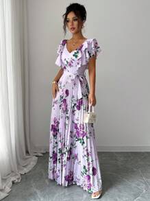 Elenzga 嘉年华紫色领数码印花度假风荷叶边腰A字优雅浪漫女装，适合约会、下午茶、旅行、乡村等场合。 - 彩色 - 查看 6