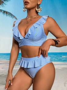 Swim Lushoire Maiô Feminino Listrado Azul & Branco com Decote V Profundo, Moda Férias Praia 2 Peças para Verão e Férias na Praia - Multicolorido - Visão 1