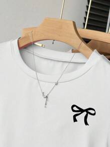 Sparklyn 青少年女孩休闲蝴蝶印花短袖褶皱修身T恤，夏季 - 灰色 - 查看 3