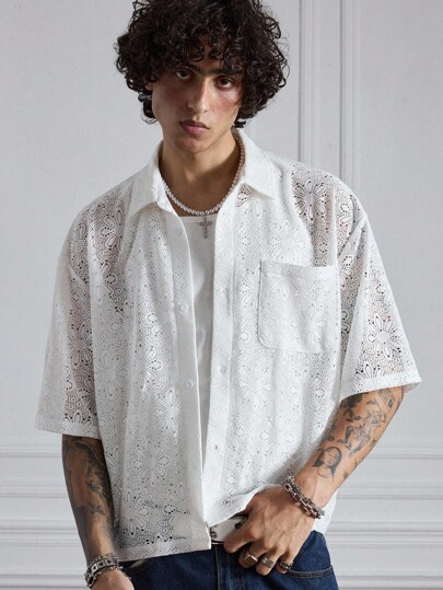 Street Life Men's Casual Solid Color Textured Hollow Shirt, Summer