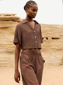 Lumivelle Women's Summer Casual Plain Color Drop Shoulder Loose Short Cropped Shirt