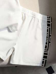 SHEIN Playful Pals 幼儿男童格子拼布图案圆领短袖 T 恤和短裤白色套装 - 彩色 - 查看 4