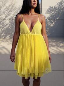 INAWLY Sleeveless V-Neck Backless Mini Slip Yellow Dress, Sexy & Spaghetti Strap - Yellow - View 4
