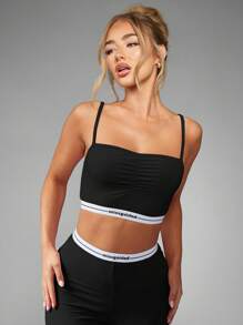 MISSGUIDED 女士褶饰休闲套装舒适阔腿阔腿裤文胸运动休闲修身家居服 - 黑色 - 查看 6