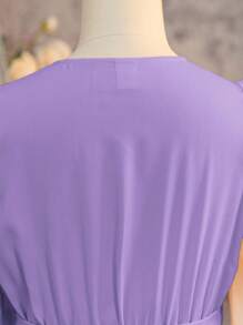 SHEIN 青少年女孩休閒泡泡袖V領百褶長洋裝 紫色百褶洋裝 女孩紫色長袖洋裝 秋冬款 - 淺灰紫 - 查看 9