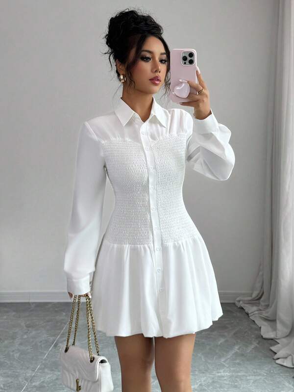 Elenzga Women's Casual Elegant Simple White Shirred Around Long Sleeve Dress