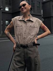 DAZY 女式无袖宽松翻领休闲牛仔背心，街头风格 - 卡其色 - 查看 4