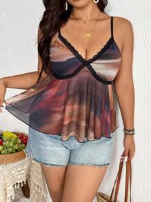 SHEIN Frenchy 大码女式撞色蕾丝扎染印花吊带背心，夏季 - 彩色 - 查看 2